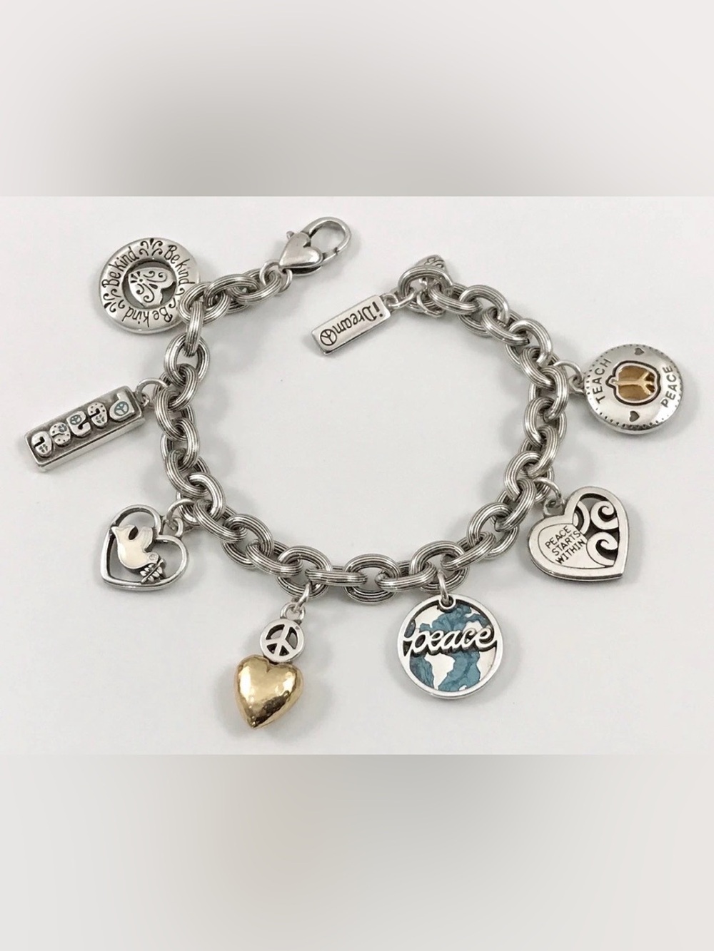 ☮️ RARE BRIGHTON VTG PEACE ☮️ Silver Charm Bracelet